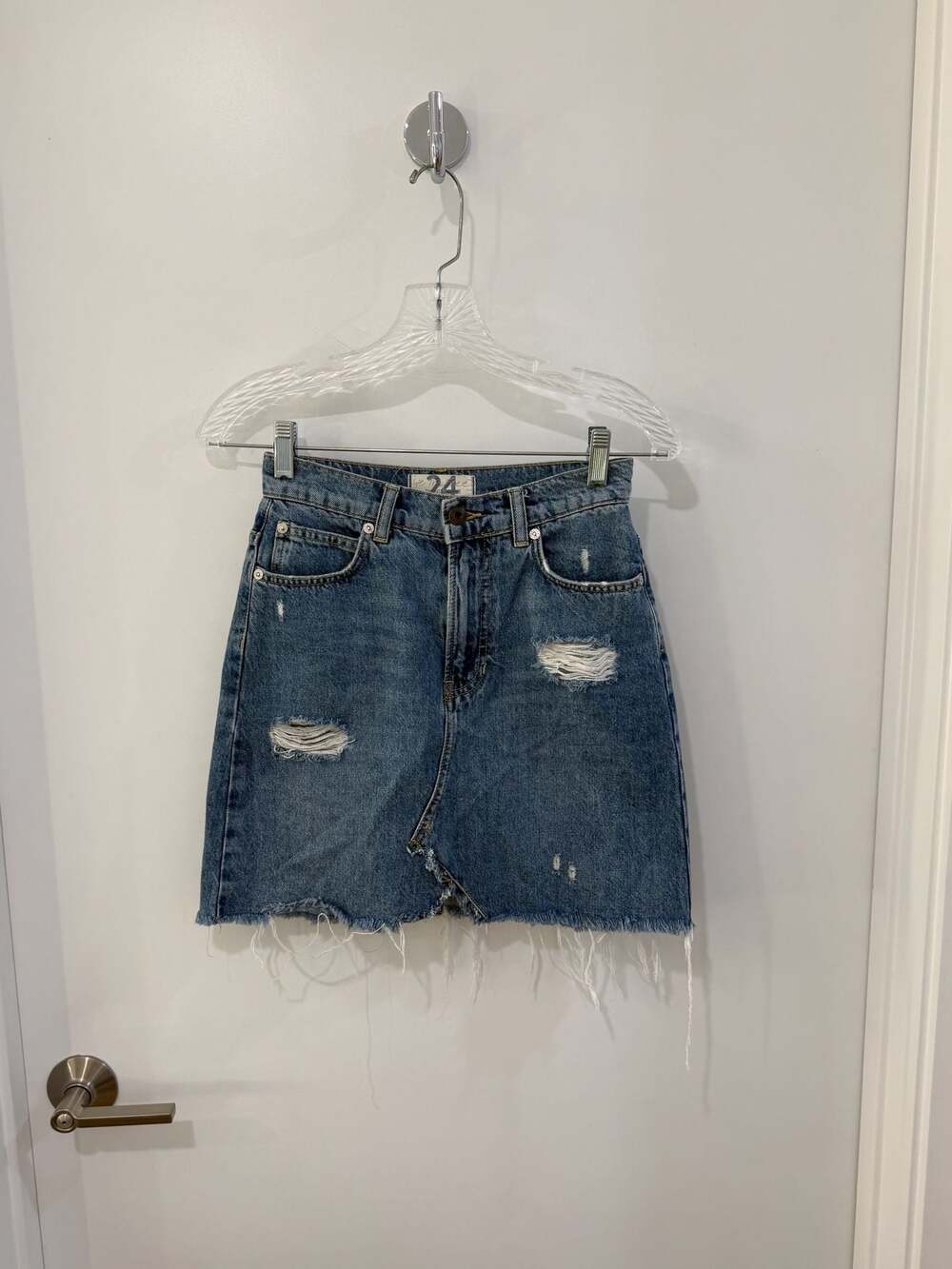 We The Free High-Rise Distressed Denim Mini Skirt with Raw Hem